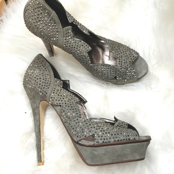 Jeffrey Campbell LUXE Turner Gray Studded Heels Size 8.5 peep toe - Picture 7 of 11